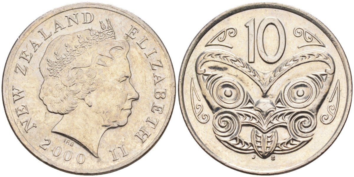 Новая Зеландия 10 центов 2000 Елизавета II (1952-2022), маска маори KM 117 медно-никель 4126-1241