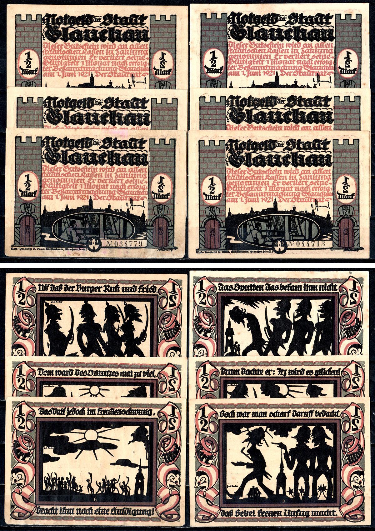 Глаухау (Саксония) набор из 6 нотгельдов 1921 7556-9-2-1