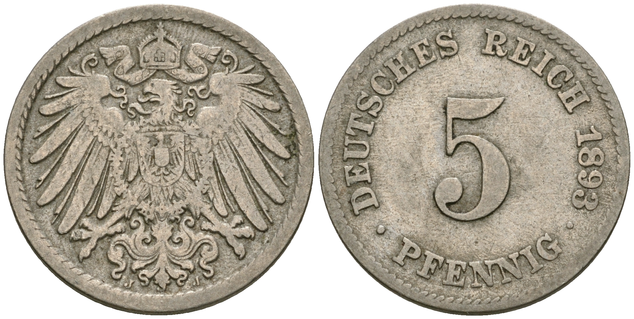 Германия 5 пфеннигов 1893 J KM 11, Jager 12, Weege 6 медно-никель 08-1364