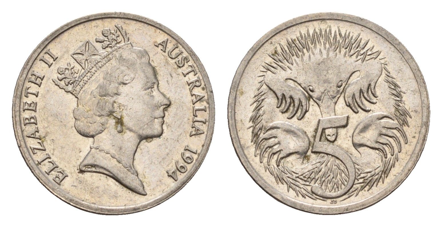 Австралия 5 центов 1994 Елизавета II (1952-2022), ехидна KM 80 медно-никель 188-958