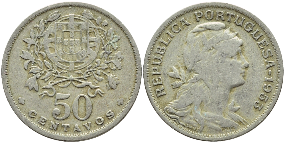 Португалия 50 сентаво 1953 KM 577 медно-никель 4395-816