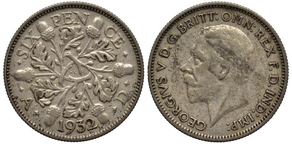 Великобритания 6 пенсов 1932 Георг V (1910-1936) KM 832, Spink 4041 серебро 4538-346
