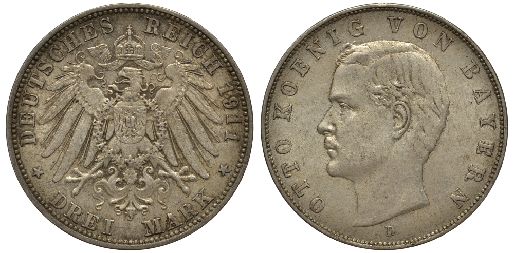 Бавария 3 марки 1911 Отто (1886-1913) Weege 45, J. 47, KM 515 серебро 3711-2022