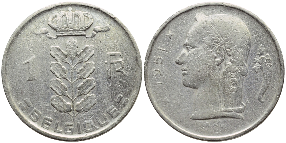 БЕЛЬГИЯ 1 ФРАНК 1951 BELGIQUE KM 142.1 медно-никель 4390-441