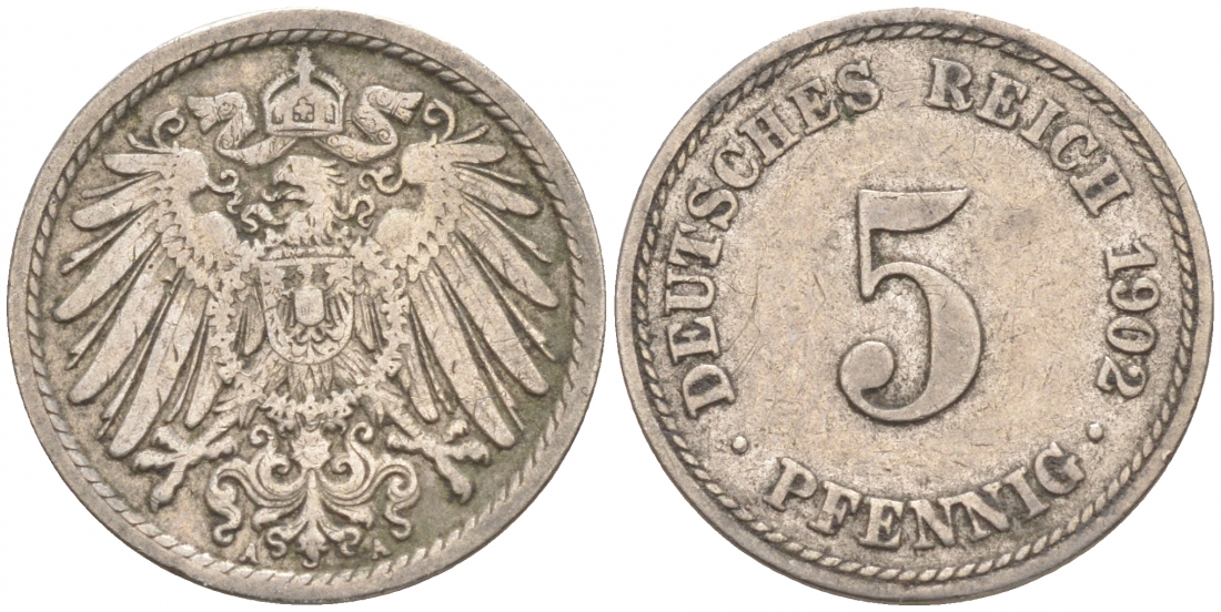 ГЕРМАНИЯ 5 ПФЕННИГОВ 1902 A, KM 11, J. 12 медно-никель 73-1566