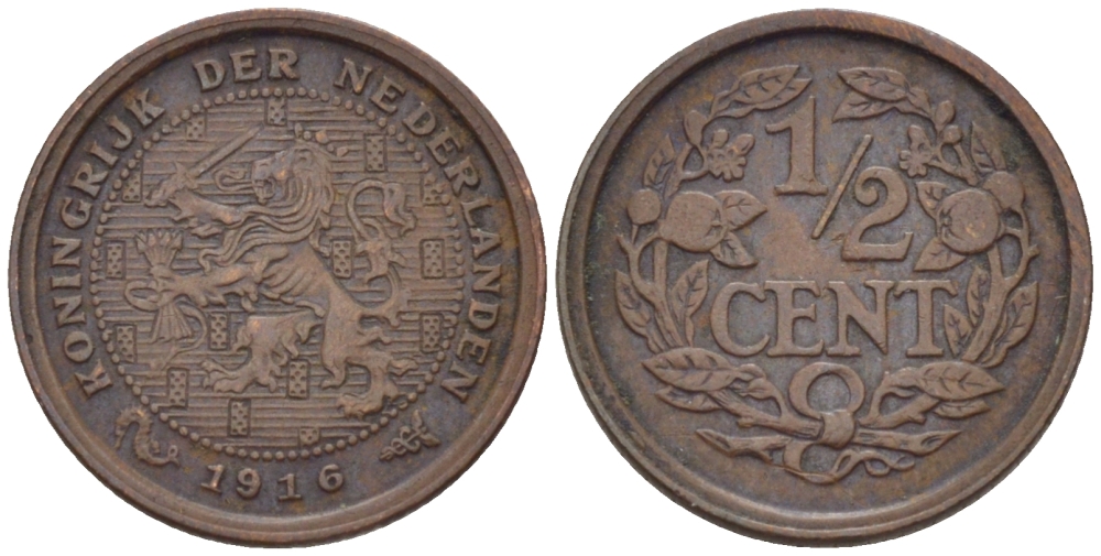 НИДЕРЛАНДЫ 1/2 ЦЕНТА 1916 ВИЛЬГЕЛЬМИНА (1890-1948) KM 138 бронза 39-211