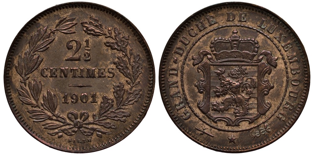 Люксембург 2 1/2 сантима 1901 великий герцог Адольф (1890-1905), BARTH КМ 21 бронза 4538-756