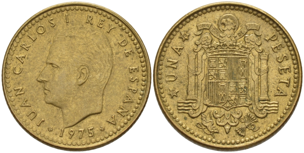 Испания 1 песета 1975 (78) Хуан Карлос I (1975-2014) KM 806 алюминиевая бронза 4609-734
