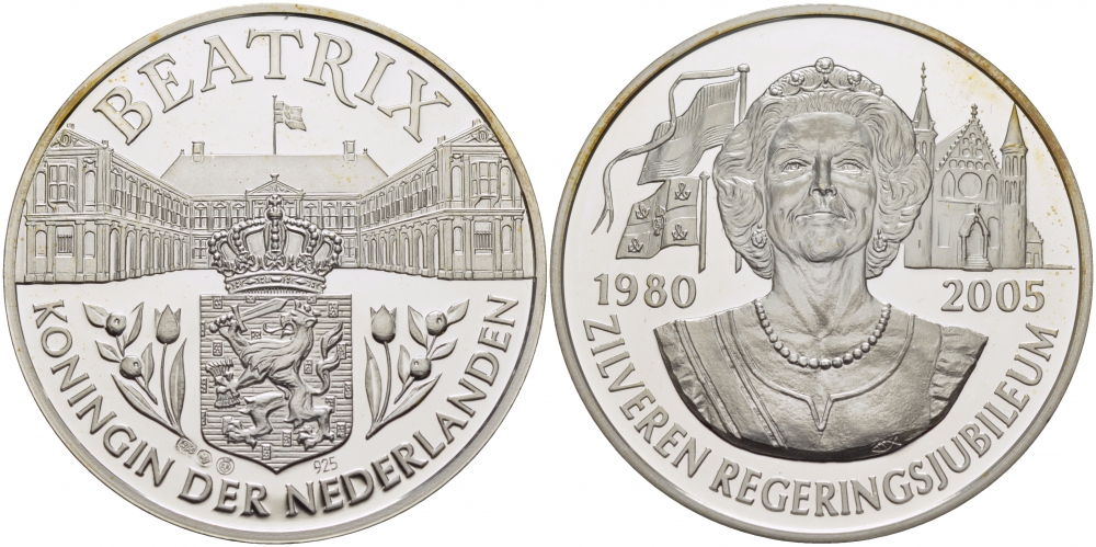 НИДЕРЛАНДЫ МЕДАЛЬ 2005 25 ЛЕТ, СЕРЕБРЯННЫЙ ЮБИЛЕЙ КОРОЛЕВЫ БЕАТРИКС (1980-2005) серебро PROOF 01-144-13
