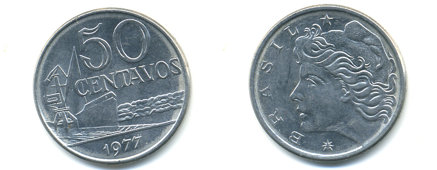 Бразилия 50 сентаво 1977 голова свободы влево KM 580b нержавеющая сталь UNC 86-1046