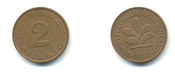 ФРГ 2 ПФЕННИГА 1981 G KM 106a, J.381a сталь плакированная сталь плакированная медьюю 54-2325