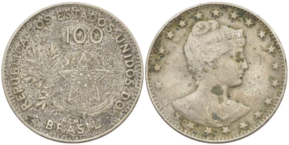 БРАЗИЛИЯ 100 РЕЙС 1901 ГОЛОВА СВОБОДЫ ВПРАВО, РИМСКАЯ НУМЕРАЦИЯ ДАТЫ KM 503 медно-никель 4529-537