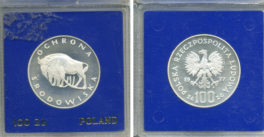 Польша 100 злотых 1977 MW, серия охрана окружающей среды, зубр, в оригинальной пластиковой упаковке KM 87, Parchimowicz 276 серебро PROOF 1069-2-11