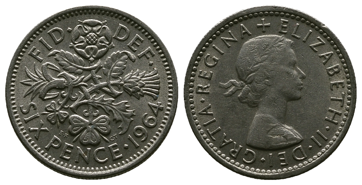 Великобритания 6 пенсов 1964 Елизавета II (1952-2022) KM 903, Spink 4149 медно-никель 4381-817