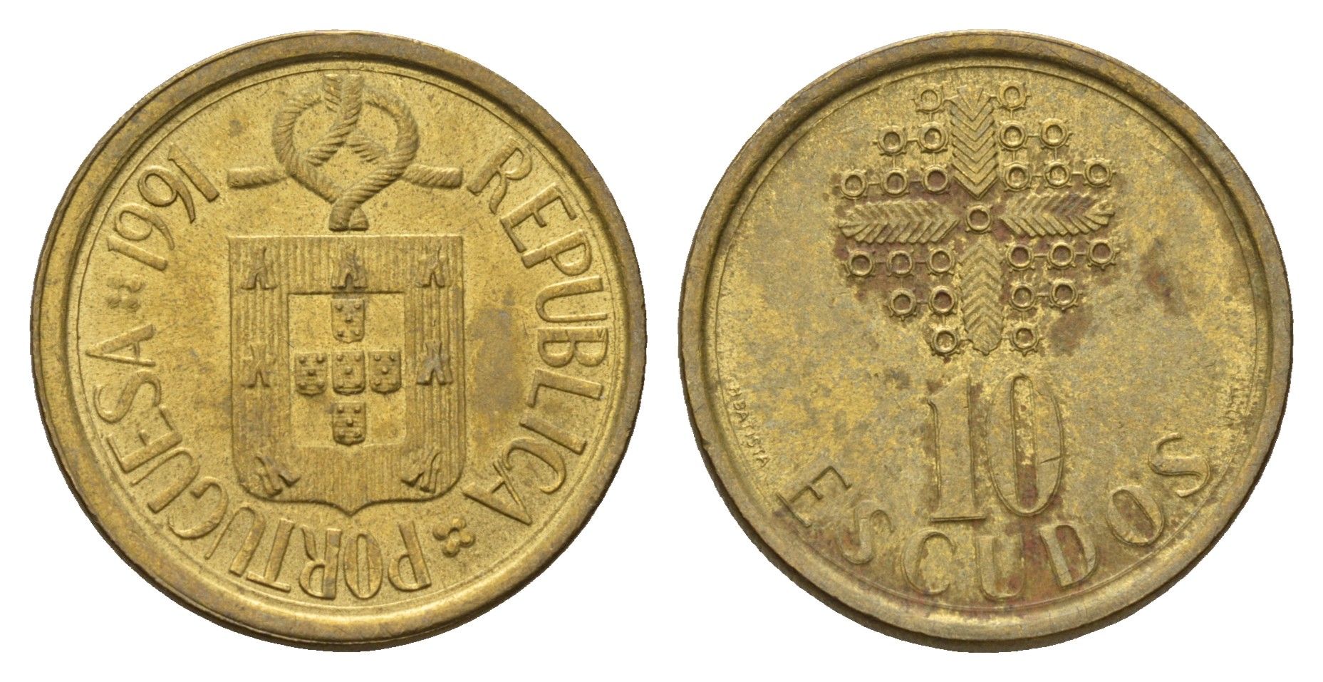 Португалия 10 эскудо 1991 KM 633 никель латунь 4675-333