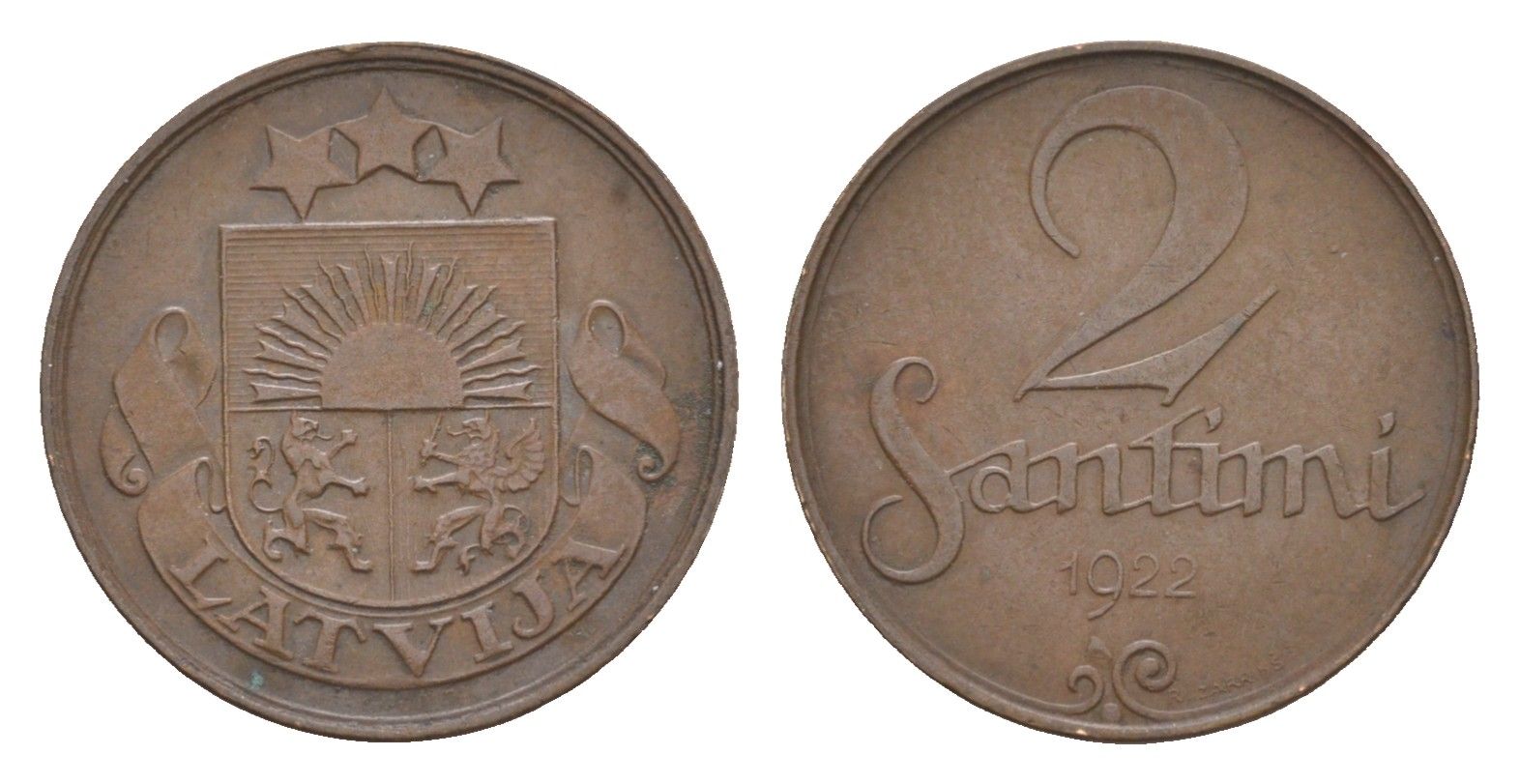 Латвия 2 сантима 1922 KM 2 бронза 4658-1136