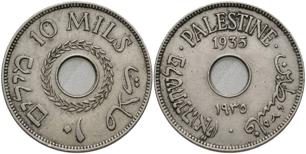 Израиль, Палестина 10 милсов 1935 Британская администрация KM 4 медно-никель 27-1147
