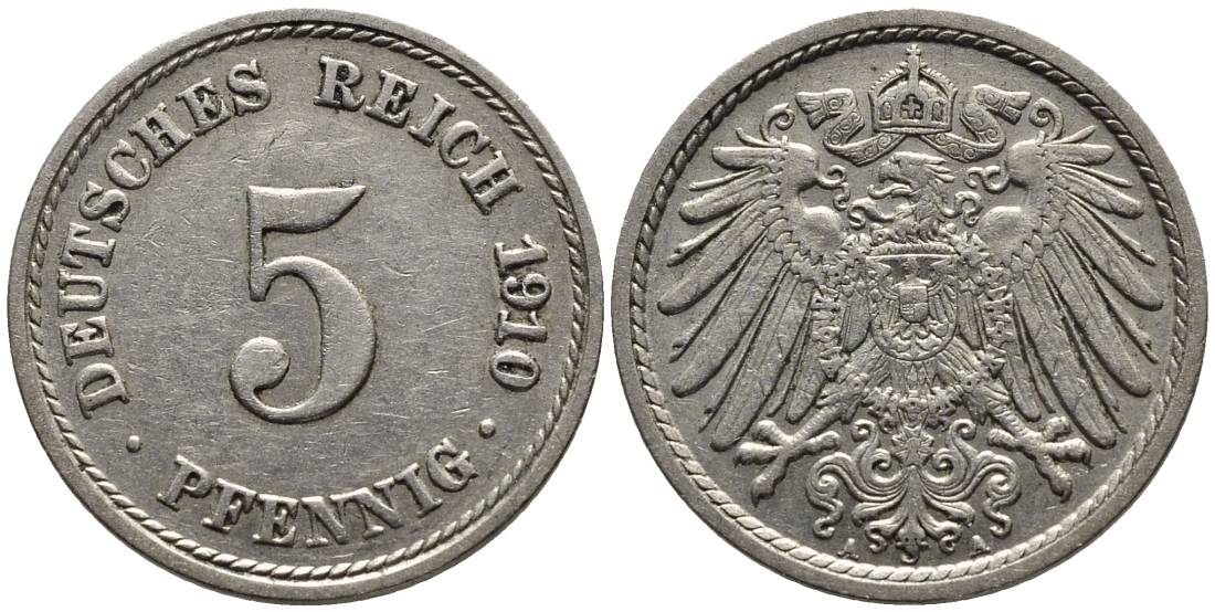 Германия 5 пфеннигов 1910 A KM 11, Jager 12, Weege 6 медно-никель 4547-515