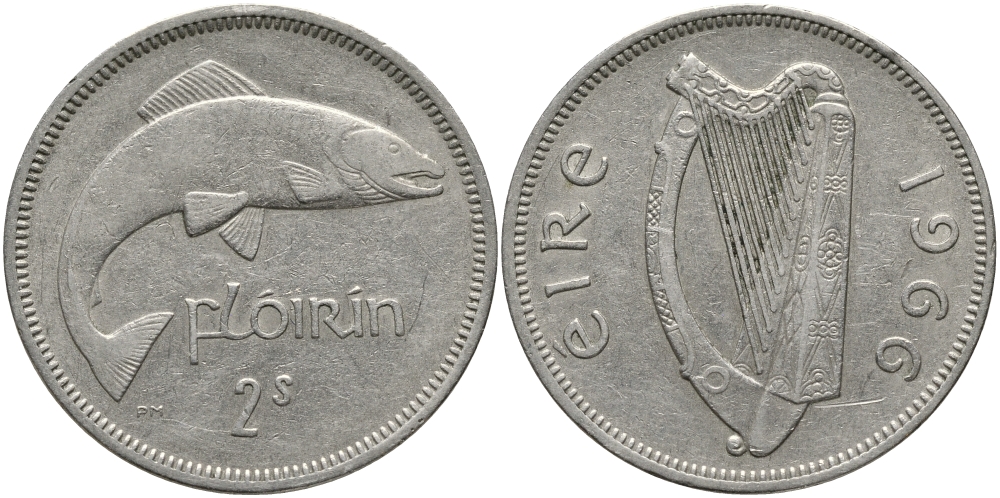 ИРЛАНДИЯ 1 ФЛОРИН - 2 ШИЛЛИНГА 1966 ЛОСОСЬ KM 15а медно-никель 650-1635