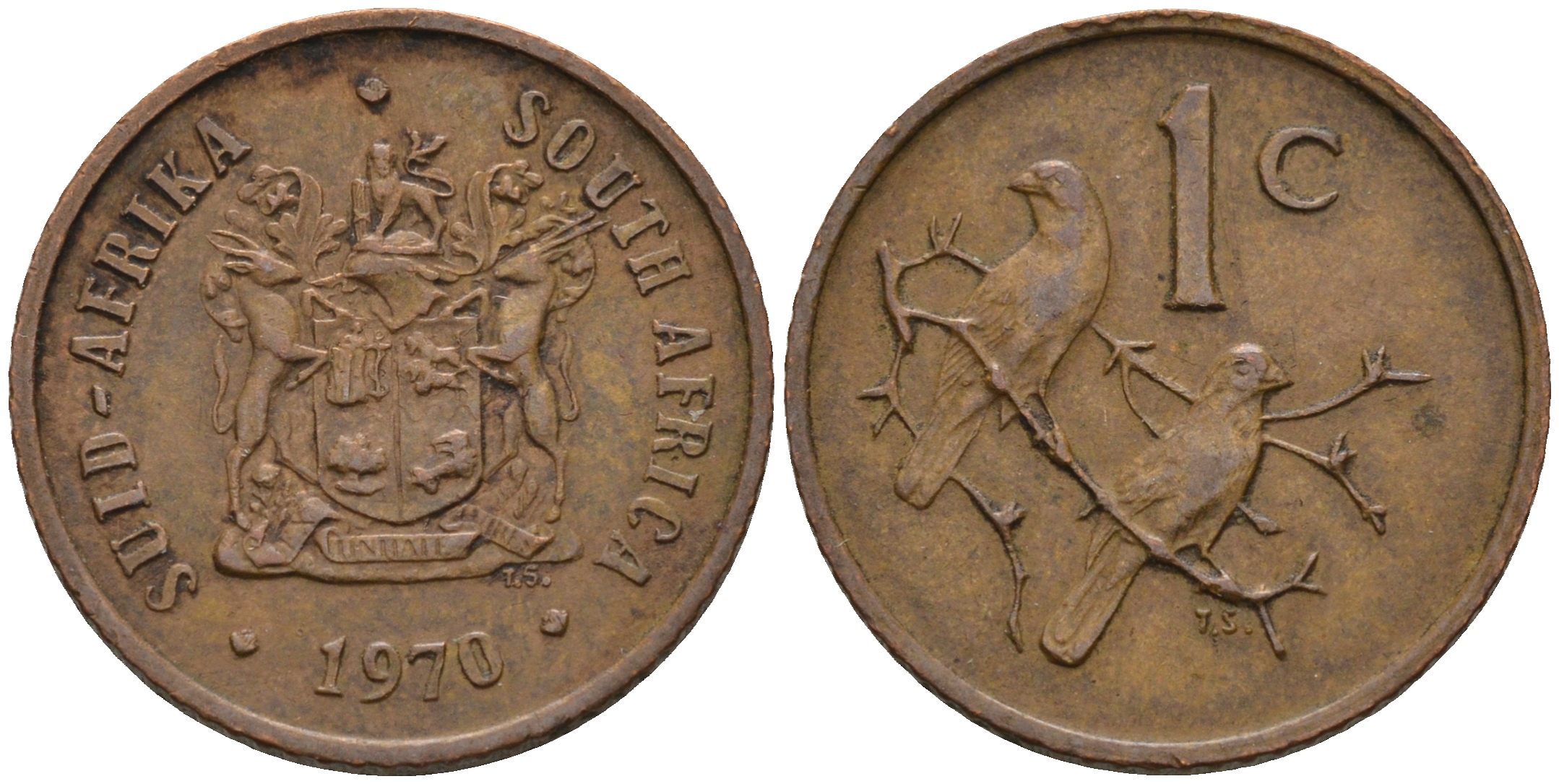 ЮАР 1 ЦЕНТ 1970 ГЕРБ, КАПСКИЕ ВОРОБЬИ KM 82 бронза 4588-1251