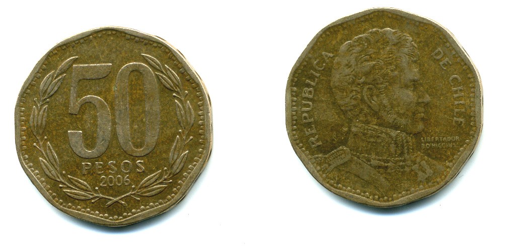 Чили 50 песо 2006 Бернардо О’Хиггинс KM 219.2 алюминиевая бронза 35-316