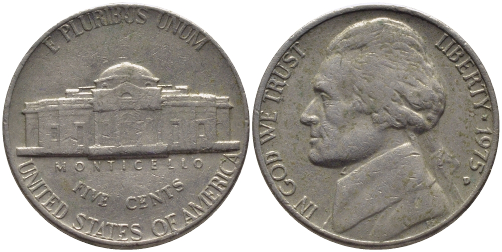 США 5 ЦЕНТОВ 1975 D, ДЖЕФФЕРСОН KM А192 медно-никель 31-632