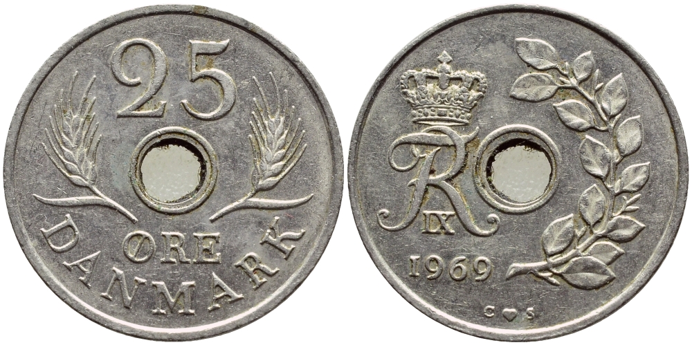 Дания 25 эре 1969 С;S, Фредерик IX (1947-1972) KM 855 медно-никель 4398-956