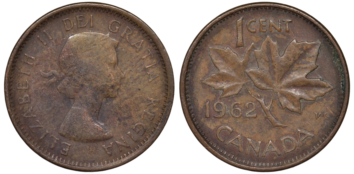 Канада 1 цент 1962 Елизавета II (1952-2022), кленовый лист  KM 49 бронза 4596-419