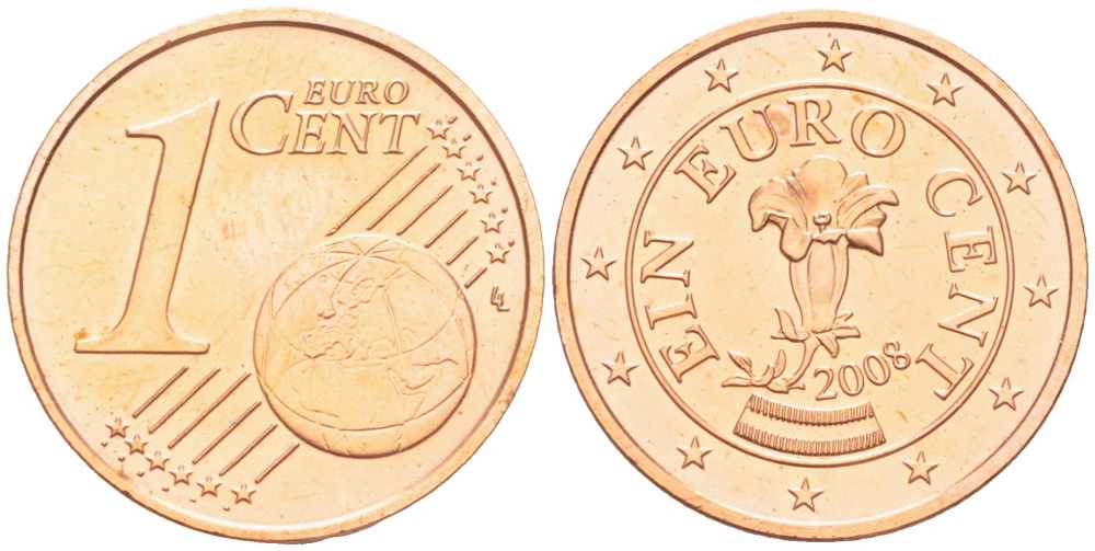 Австрия 1 евроцент 2008 KM 3082 сталь плакированная медью UNC 206-1126