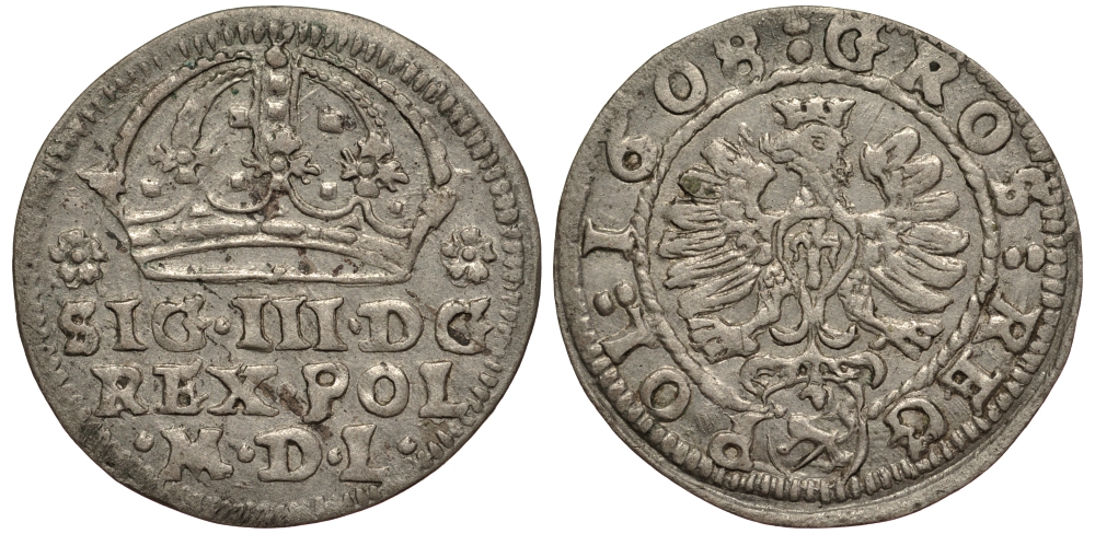 Польша 1 грош 1608 Сигизмунд III (1587-1632), вес 1,44 гр., Леварт KM 11 серебро 1516-1412