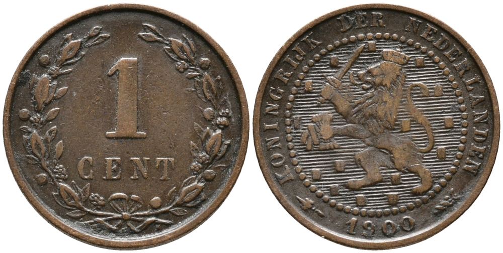 НИДЕРЛАНДЫ 1 ЦЕНТ 1900 ВИЛЬГЕЛЬМИНА I (1890-1948) KM 107 бронза 100-564