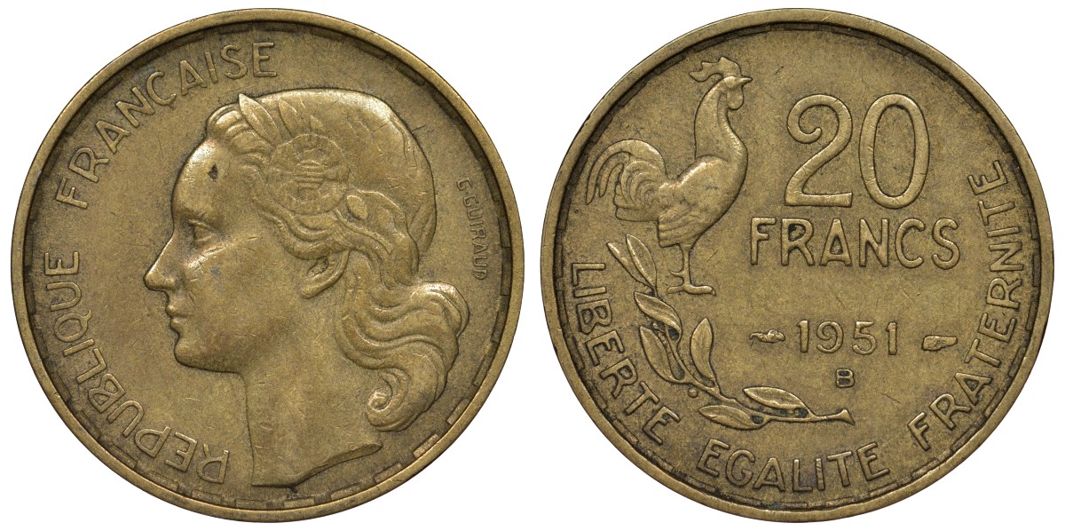 Франция 20 франков 1951 В, петух, 4 пера KM 917.2, Le Franc 402.8 алюминиевая бронза 4128-541