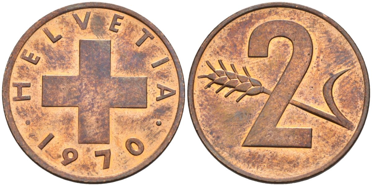 Швейцария 2 раппена 1970 KM 47 бронза UNC 4592-733