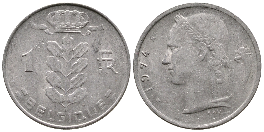 Бельгия 1 франк 1974 Belgique, Бодуэн I (1951-1993) KM 142.1 медно-никель 4382-916