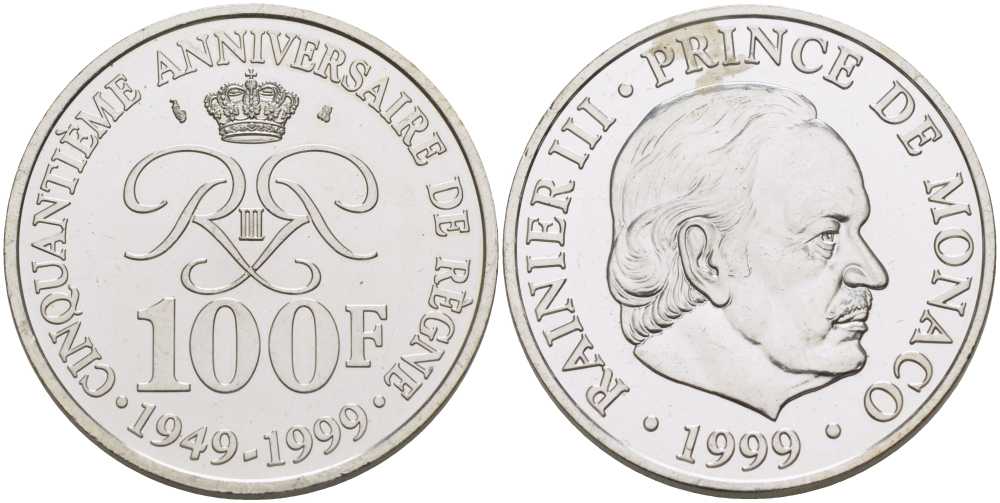 Монако 100 франков 1999 50 лет правления Ренье III KM 175 серебро UNC 1087-6-11