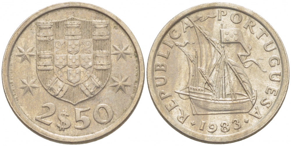 Португалия 2,5 эскудо 1983 парусник KM 590 медно-никель 3718-327