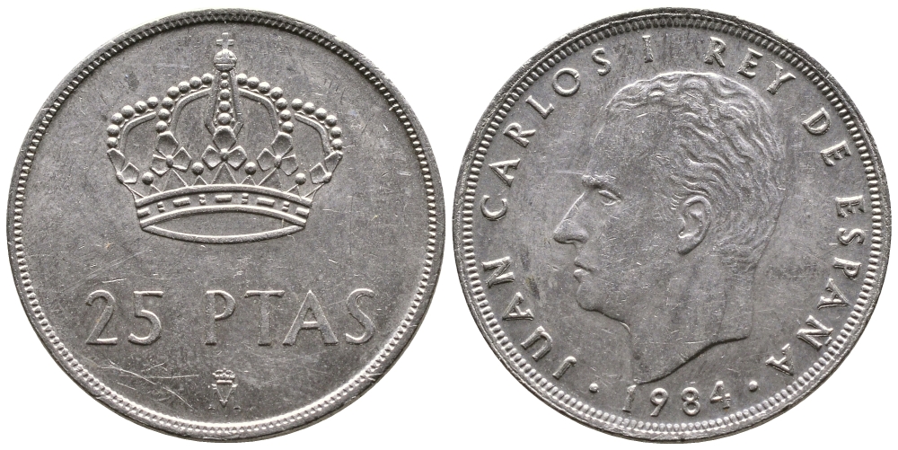 ИСПАНИЯ 25 ПЕСЕТ 1984 ХУАН КАРЛОС KM 824 медно-никель 4110-1544