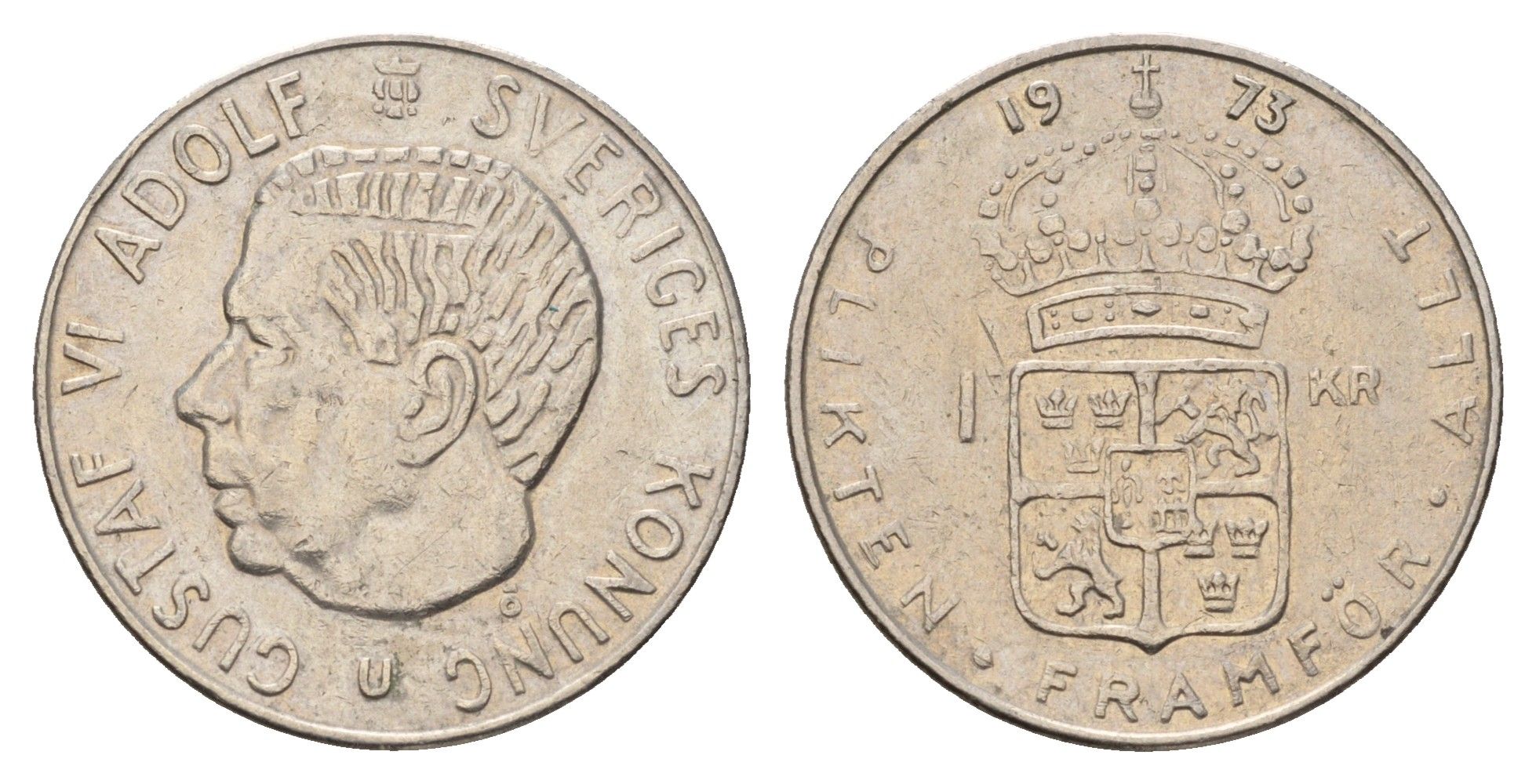 Швеция 1 крона 1973 U, Густав VI Адольф (1950-1973) KM 826a медь плакированная медно-никелем 183-227