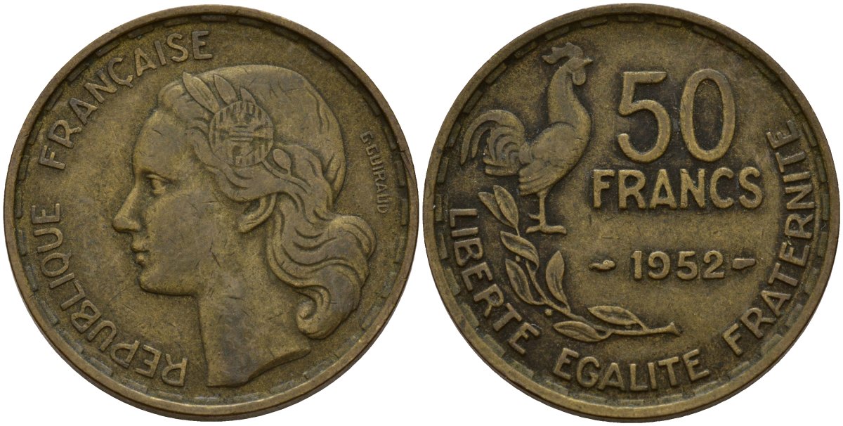 Франция 50 франков 1952 B, Петух KM 918.1, Le Franc 425.5 алюминиевая бронза 4157-223