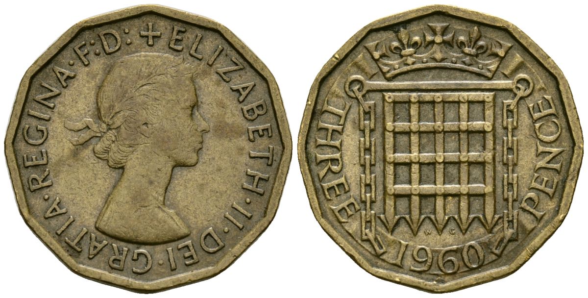 Великобритания 3 пенса 1960 Елизавета II (1952-2022) KM 900, Spink 4153 никель латунь 4167-1245