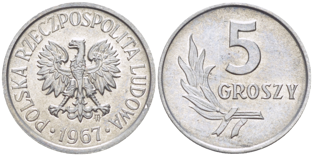 ПОЛЬША 5 ГРОШЕЙ 1967 РЕДКИЙ ГОД KM A46, Parchimowicz 204h алюминий UNC 4181-1149