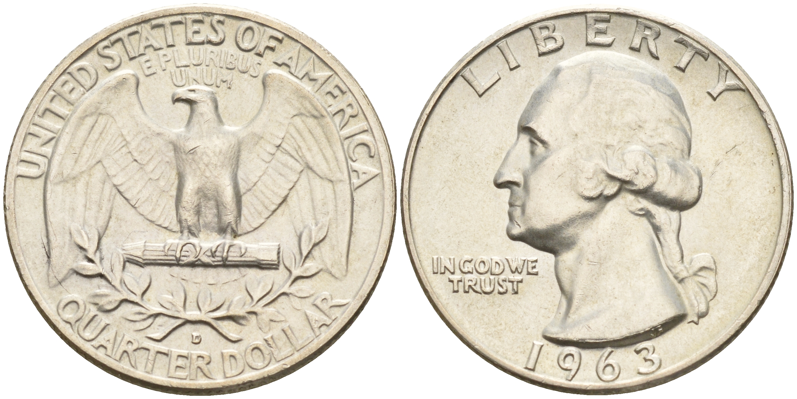 США 25 центов (квотер) 1963 Вашингтон KM 164 серебро UNC 4132-355