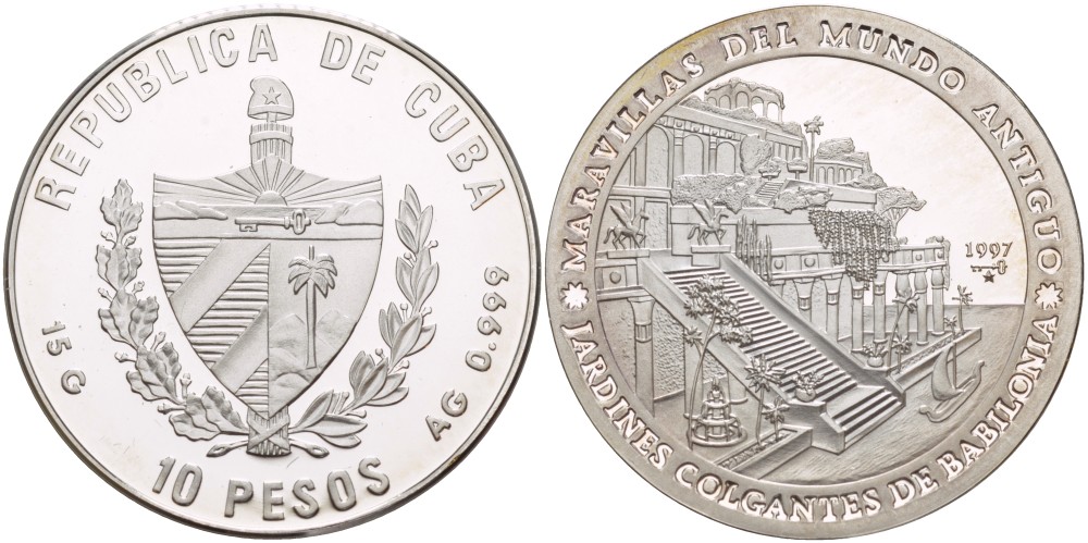 Куба 10 песо 1997 серия семь чудес света, висячие сады Семирамиды KM 593 серебро  PROOF  02-108-25