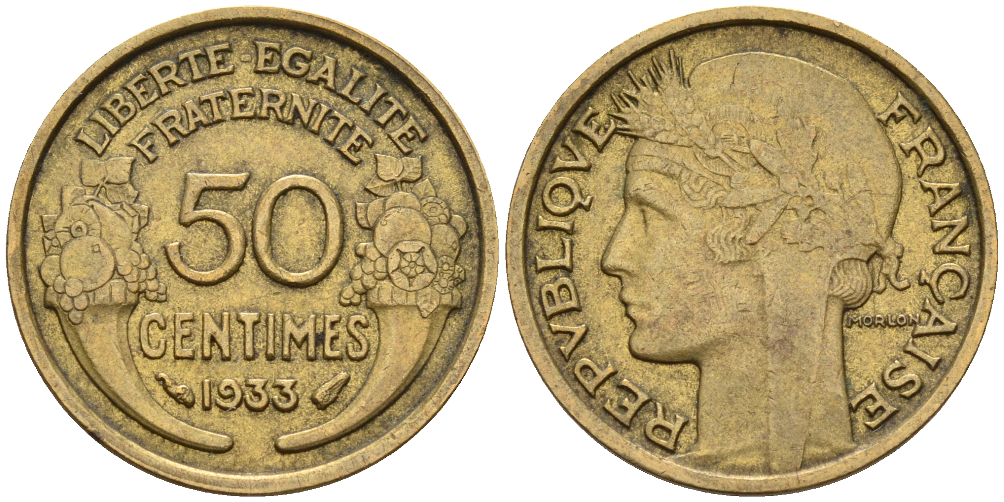Франция 50 сантимов 1933 KM 894.1, Le Franc 192.15 алюминиевая бронза 4596-766