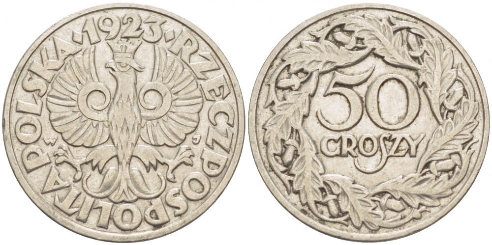 Польша 50 грошей 1923 Республика KM 13, Parchimowicz 106 никель 4519-1052