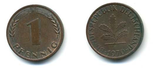 ФРГ 1 ПФЕННИГ 1970 F KM 105, J.380 сталь плакированная медью 3999-1041