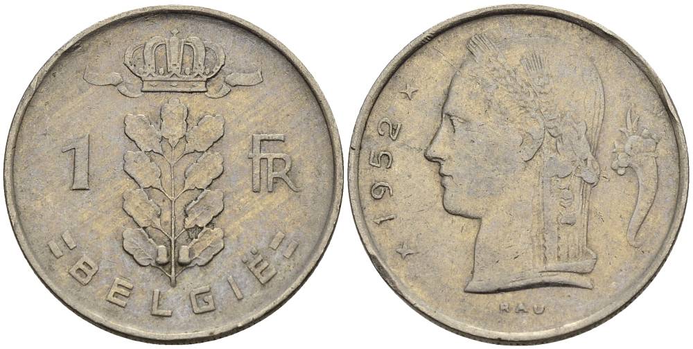 Бельгия 1 франк 1952 Belgie, Бодуэн I (1951-1993) KM 143.1 медно-никель 4546-336