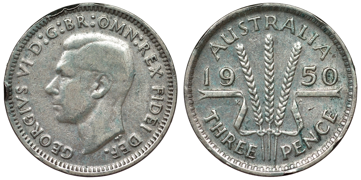 Австралия 3 пенса 1950 m, Георг VI (1937-1952), без букв KM 44 серебро 71-248
