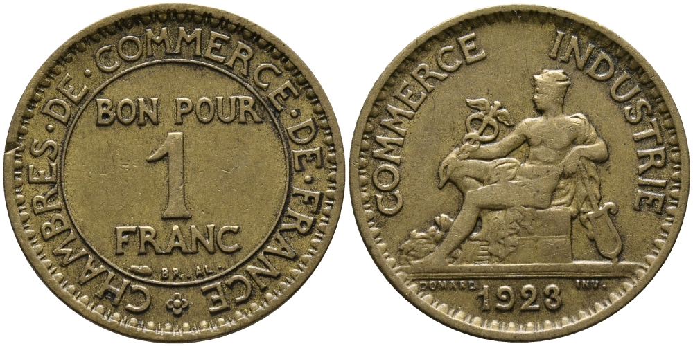 ФРАНЦИЯ 1 ФРАНК 1923 CHAMBRES DE COMMERCE KM 876, LE FRANC 218.5 алюминиевая бронза 23-625