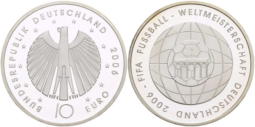 ФРГ 10 евро 2006 чемпионат мира по футболу в Германии 2006 года, футбольный мяч на фоне глобуса KM 249, DE.S 10.25 серебро PROOF 1085-5-64